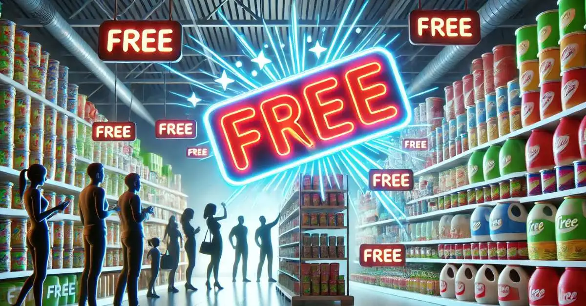 Illustration eines Supermarktes mit vollen Regalen und grossen Schildern "Free", welche auf Gratisprodukte hinweisen. Personen stehen vor den Regalen.